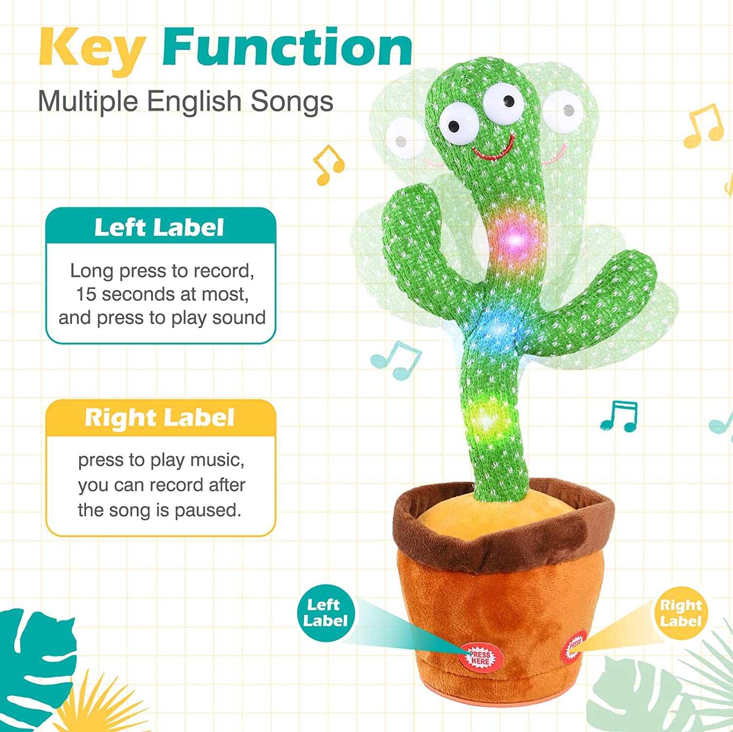 Dancing Cactus Toy for Kids | Musical Toy with Colourful Lights | Funny Education Toys | Playing Home Decor | Baby Voice Recording