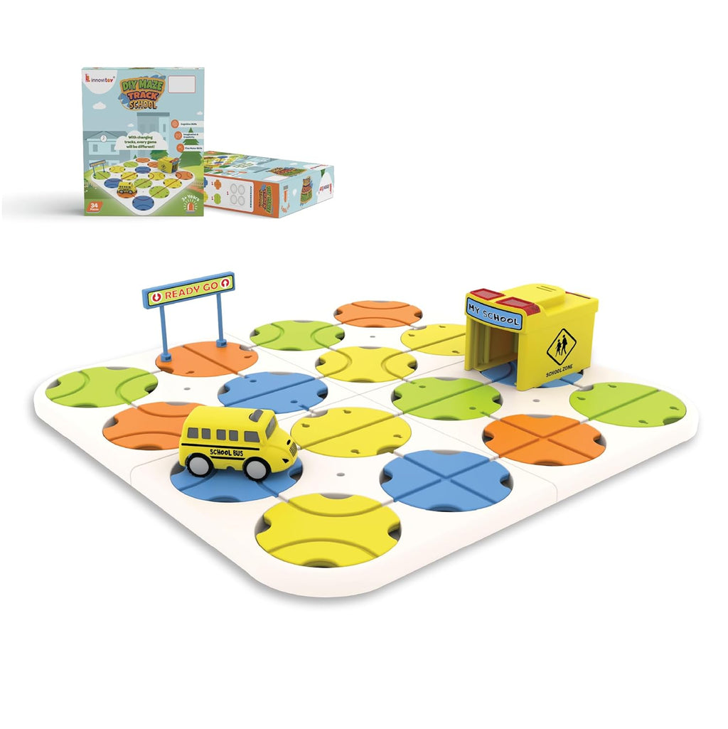 DIY Track Maze Race Car Track Building Block Educational Toy Set with 1 Light-Up Car - School Bus Theme - STEM Learning Construction Play Set - 34 Pcs