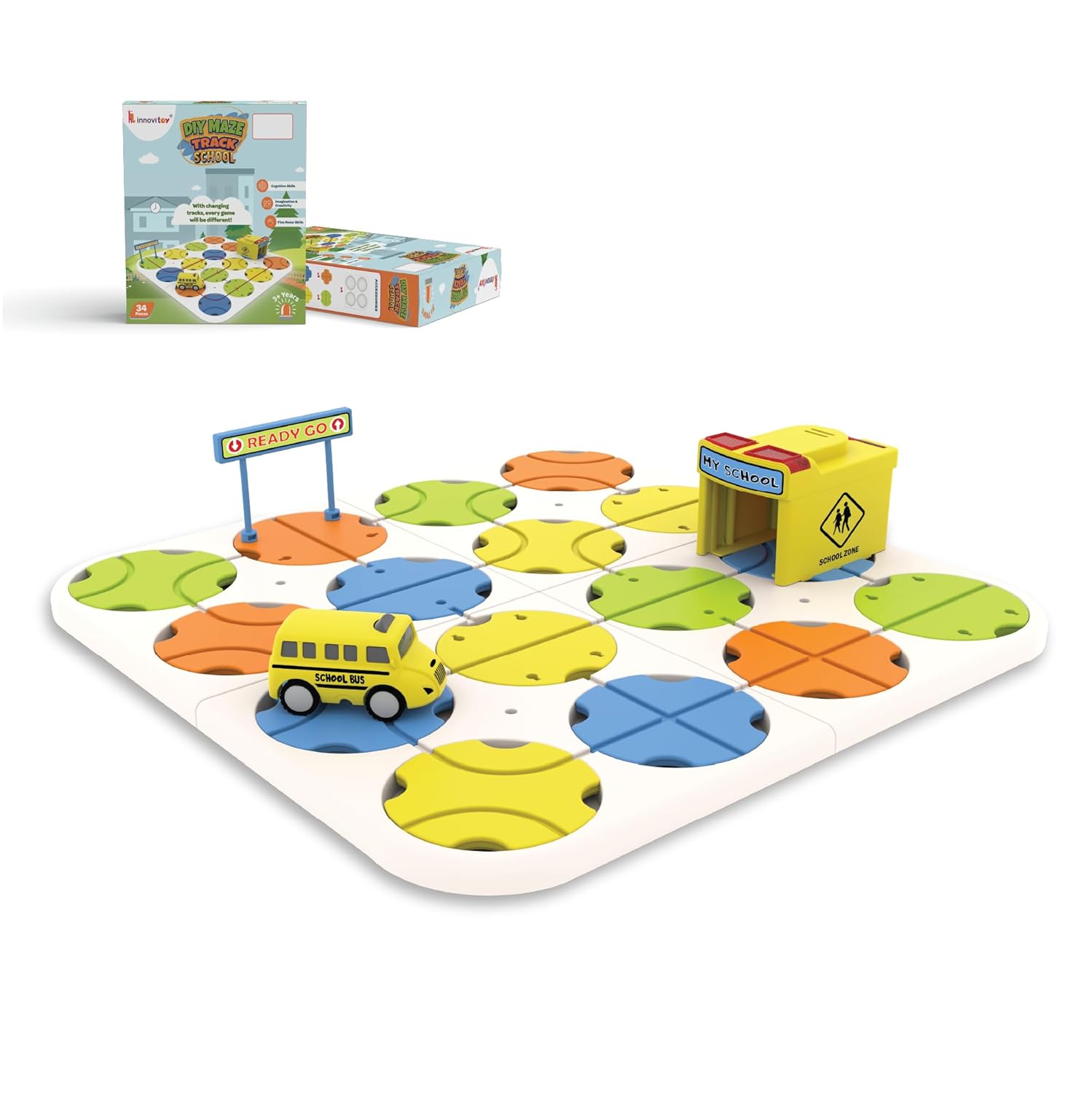 DIY Track Maze Race Car Track Building Block Educational Toy Set with 1 Light-Up Car - School Bus Theme - STEM Learning Construction Play Set - 34 Pcs