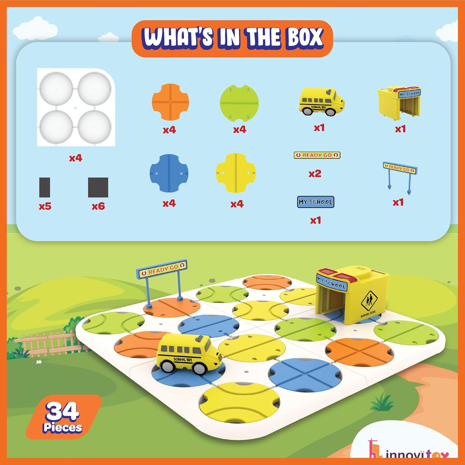 DIY Track Maze Race Car Track Building Block Educational Toy Set with 1 Light-Up Car - School Bus Theme - STEM Learning Construction Play Set - 34 Pcs