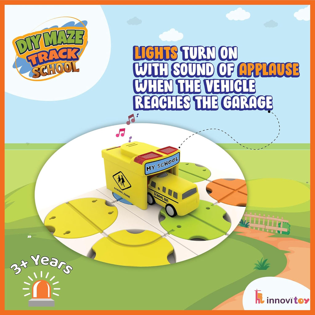 DIY Track Maze Race Car Track Building Block Educational Toy Set with 1 Light-Up Car - School Bus Theme - STEM Learning Construction Play Set - 34 Pcs