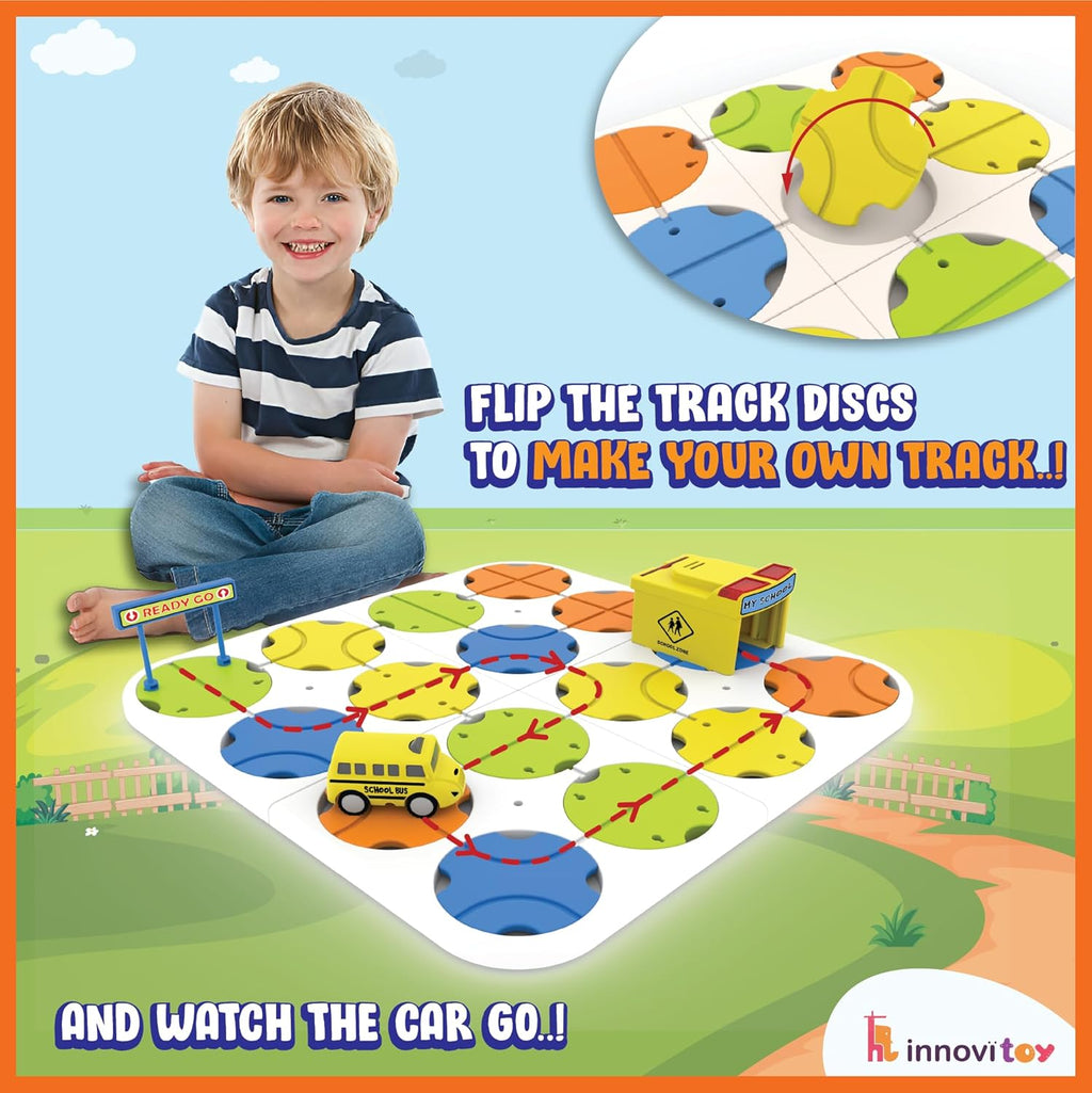 DIY Track Maze Race Car Track Building Block Educational Toy Set with 1 Light-Up Car - School Bus Theme - STEM Learning Construction Play Set - 34 Pcs