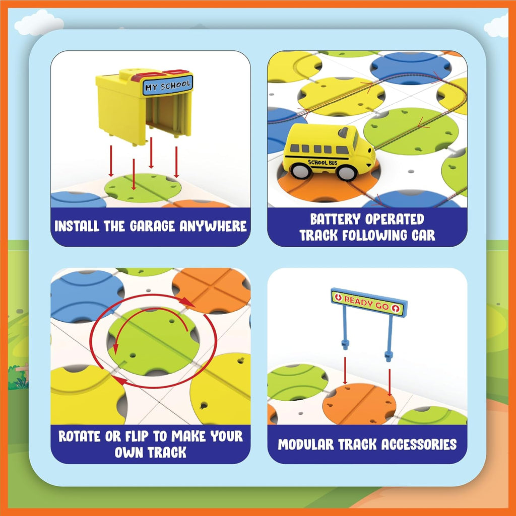 DIY Track Maze Race Car Track Building Block Educational Toy Set with 1 Light-Up Car - School Bus Theme - STEM Learning Construction Play Set - 34 Pcs