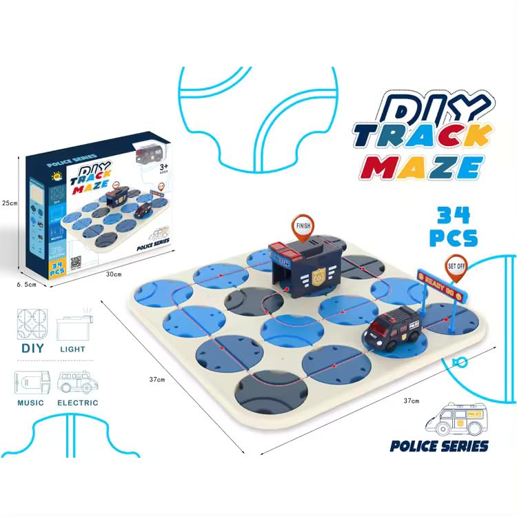 DIY Track Maze Race Car Building Block Set - Educational Toy with Light-Up Cars | STEM Learning Construction Playset for Kids | Customizable Police Station Track
