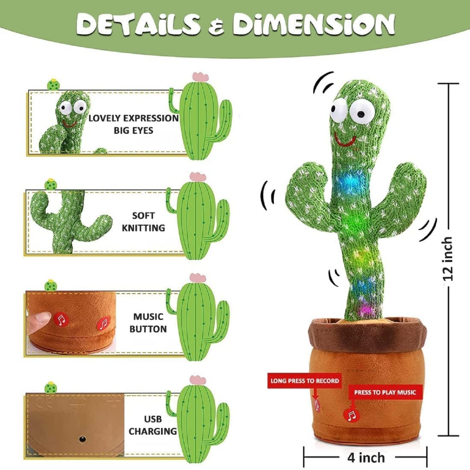 Dancing Cactus Toy for Kids | Musical Toy with Colourful Lights | Funny Education Toys | Playing Home Decor | Baby Voice Recording